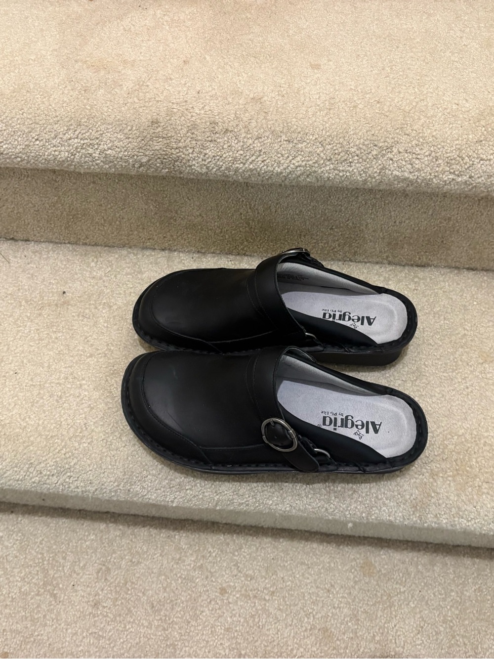 Alegria Women’s Black Leather Slip-On Clogs with Buckle - Picture 11 of 16